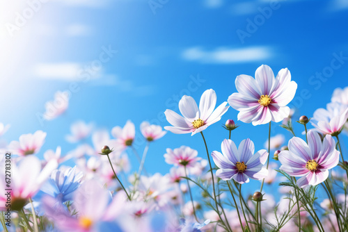 Beautiful purple summer flowers in a meadow with a beautiful blue sky background.generative ai
