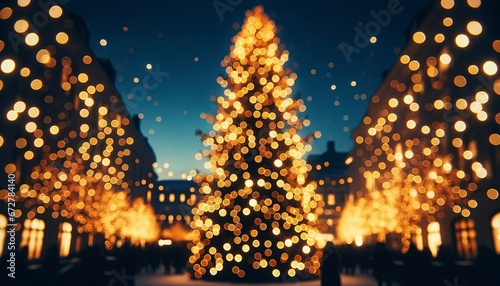 Warm golden bokeh lights adorn a towering Christmas tree, casting a soft glow on the cobblestone path of a serene night square, evoking a sense of holiday magic and peaceful celebration.Generative AI.