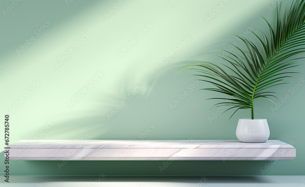 light green marble desktop with green leaves and shadow light green marble desktop with green leaves and shadow
