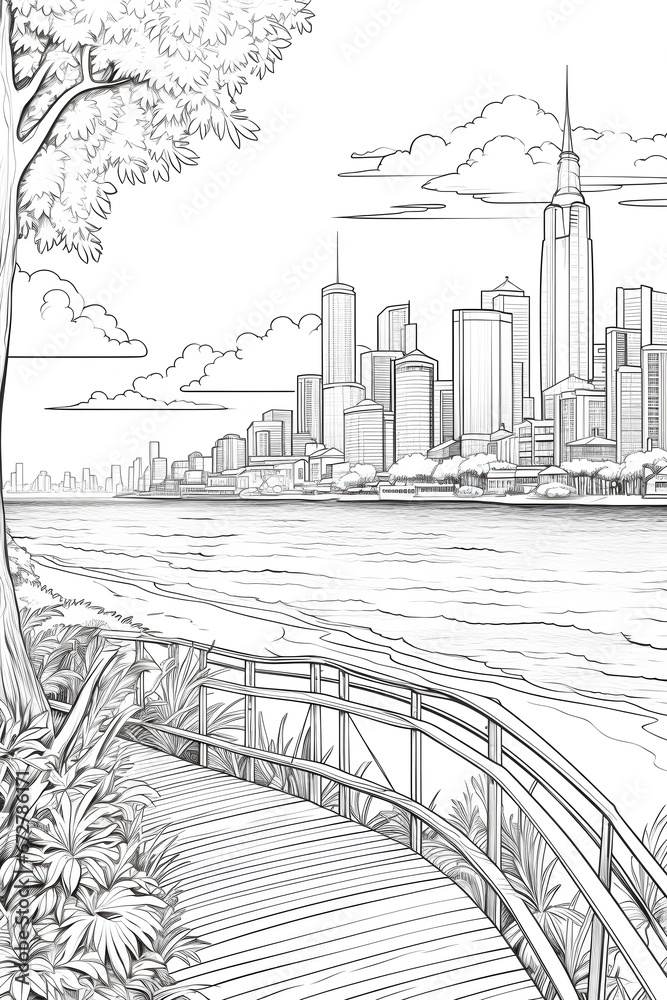 Fototapeta premium beach near the city black and white line art sketch illustration