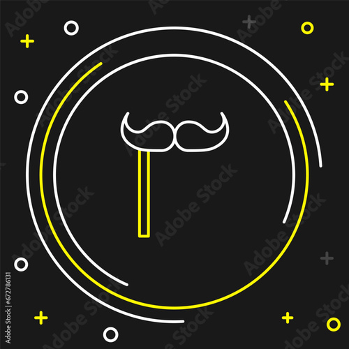Line Paper mustache on stick icon isolated on black background. Concept with cardboard carnival mask. Mask for a photo shoot. Colorful outline concept. Vector