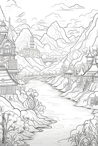 magical forest village lineart sketch illustration
