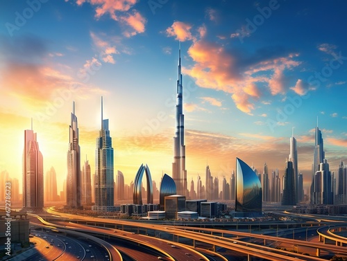 Sunrise over the modern Skyline of Dubai UAE