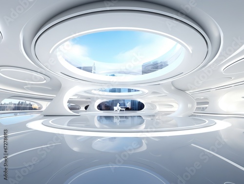 Full 360 degree equirectangular panorama hdri of modern futuristic white building interior 3d render illustration © Nipon