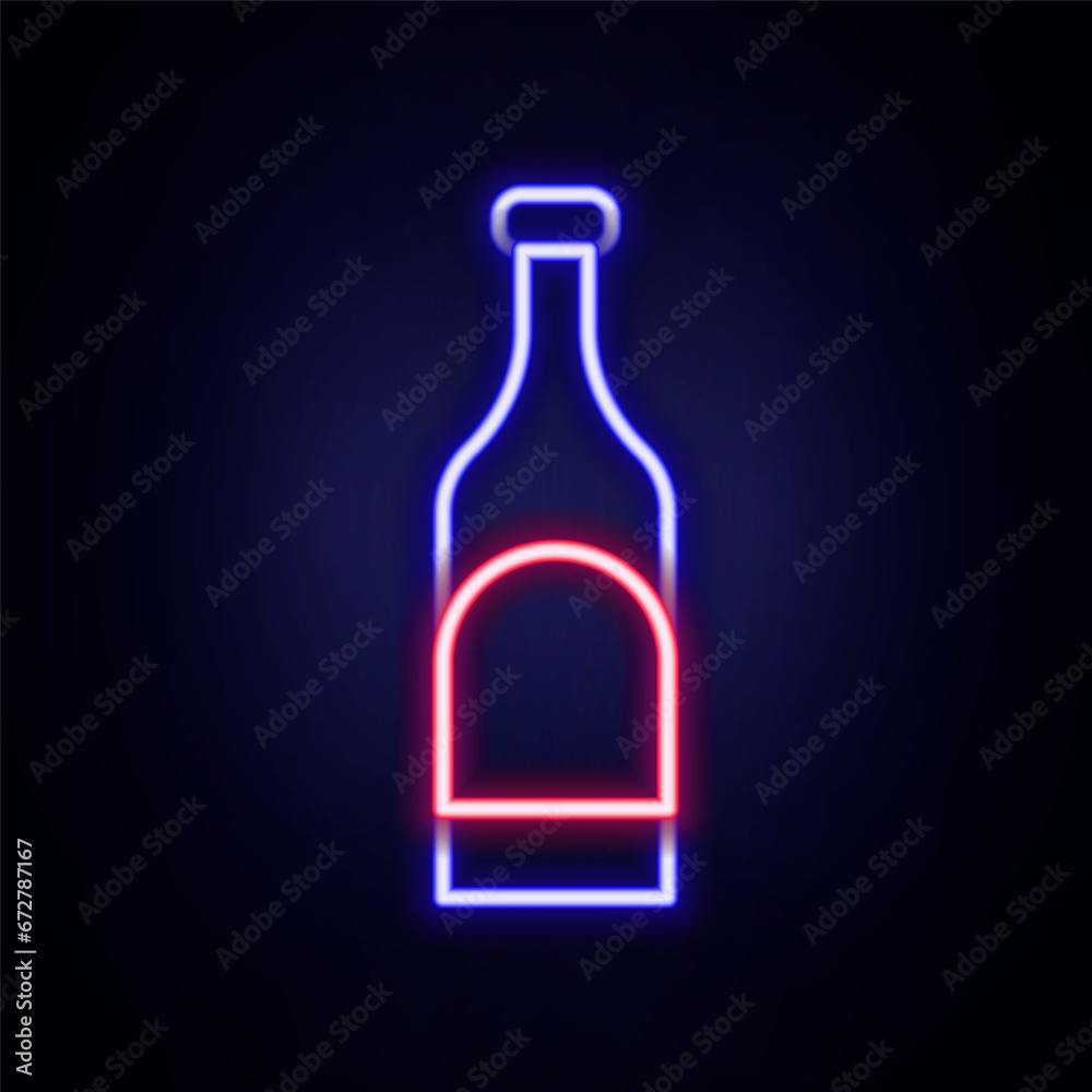 Glowing neon line Bottle of wine icon isolated on brick wall background. Colorful outline concept. Vector Glowing neon line Bottle of wine icon isolated on brick wall background. Colorful outline concept. Vector