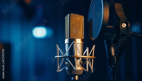 Studio condenser microphone on blurred background with audio mixer   musical instrument concept