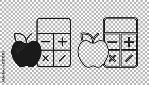 Black Calorie calculator icon isolated on isolated on transparent background. Calorie count. Diet. Weight loss. Portion control. Healthy eating. Dietary nutrition. Vector