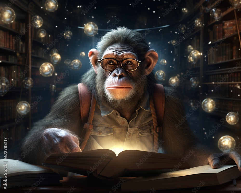 Monkey Quantum librarian cataloging the knowledge of the multiverse