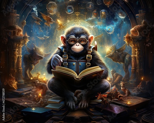 Monkey Quantum librarian cataloging the knowledge of the multiverse