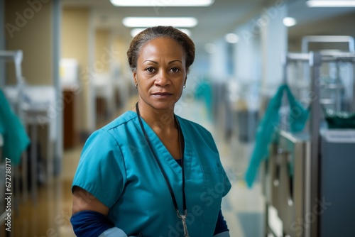 Dedicated Nurse in Blue Scrubs Standing in Hospital Hallway photo