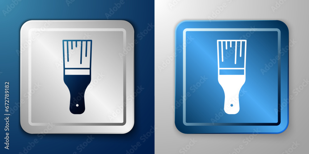 White Paint brush icon isolated on blue and grey background. Silver and blue square button. Vector White Paint brush icon isolated on blue and grey background. Silver and blue square button. Vector
