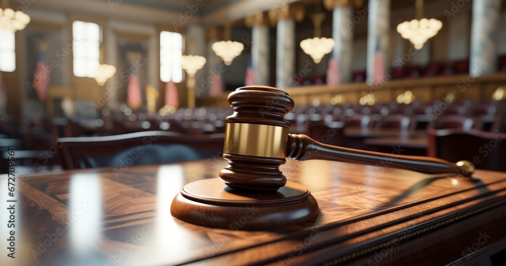 A Gavel on Display with a Courtroom's Hum of Activity Behind. Generative AI A Gavel on Display with a Courtroom's Hum of Activity Behind. Generative AI