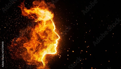 Profile silhouette of a face in fire form on a dark background