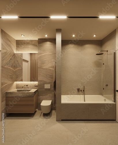 Modern bathroom design. Warm finishing materials, light colors. 3D render