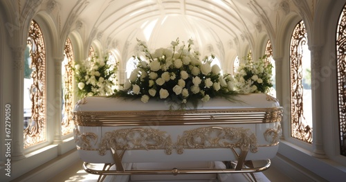 Eternal Rest. The Serene Beauty of a White Casket Before the Final Committal. Generative AI