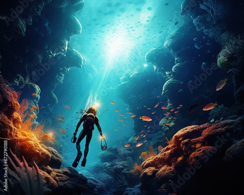 Duck Deep-sea diver exploring underwater caves