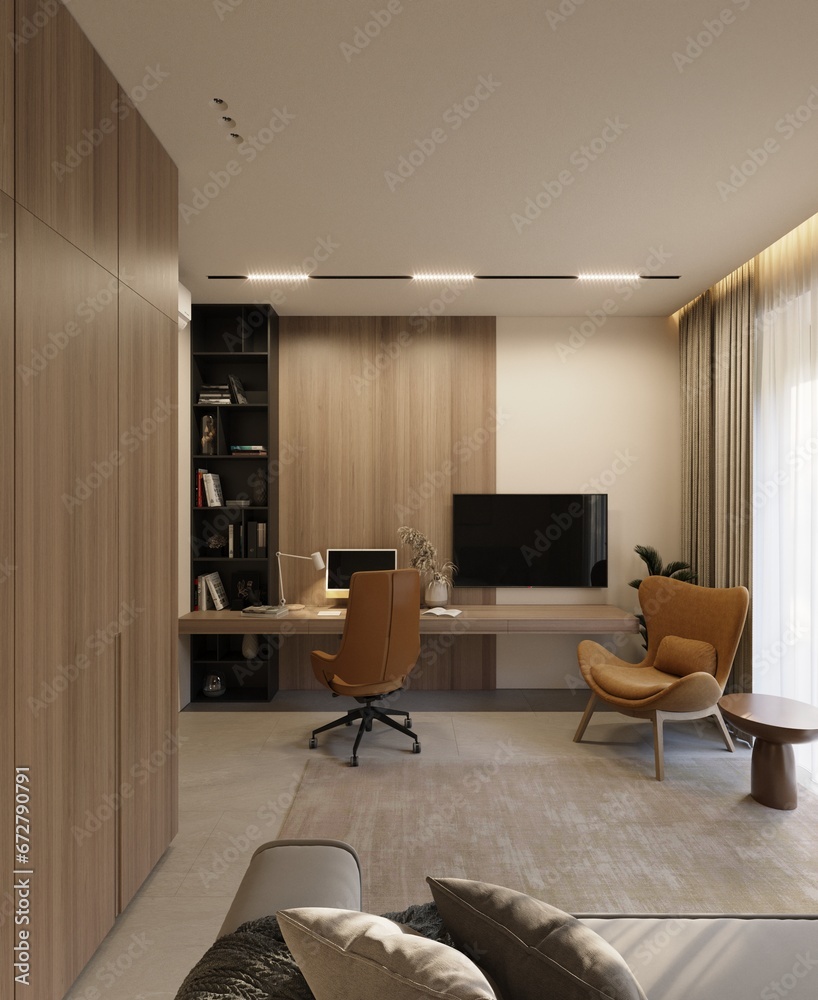 Home office, Modern design. A room with a sofa and a work desk. 3D rendering Home office, Modern design. A room with a sofa and a work desk. 3D rendering