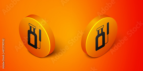 Isometric Garden sprayer for water, fertilizer, chemicals icon isolated on orange background. Orange circle button. Vector