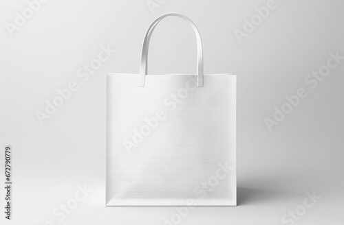An empty white paper shopping bag sits on a clean white surface, surrounded by white studio lighting. It's perfect for product ad branding and CI retouching. Generative AI.
