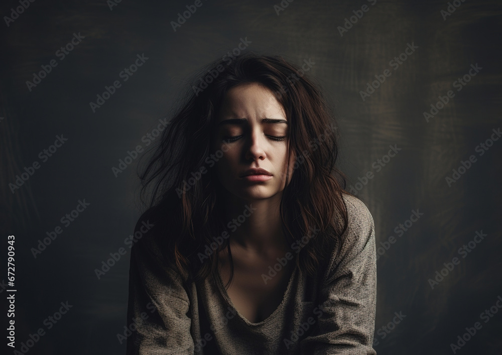 Woman with hands in hair looking depressed dark, lonely sad with anxiety mental health problem, worried. 