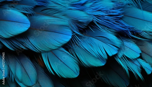 Intricate blue feathers texture background, digital art featuring detailed large bird feathers. © Ilja