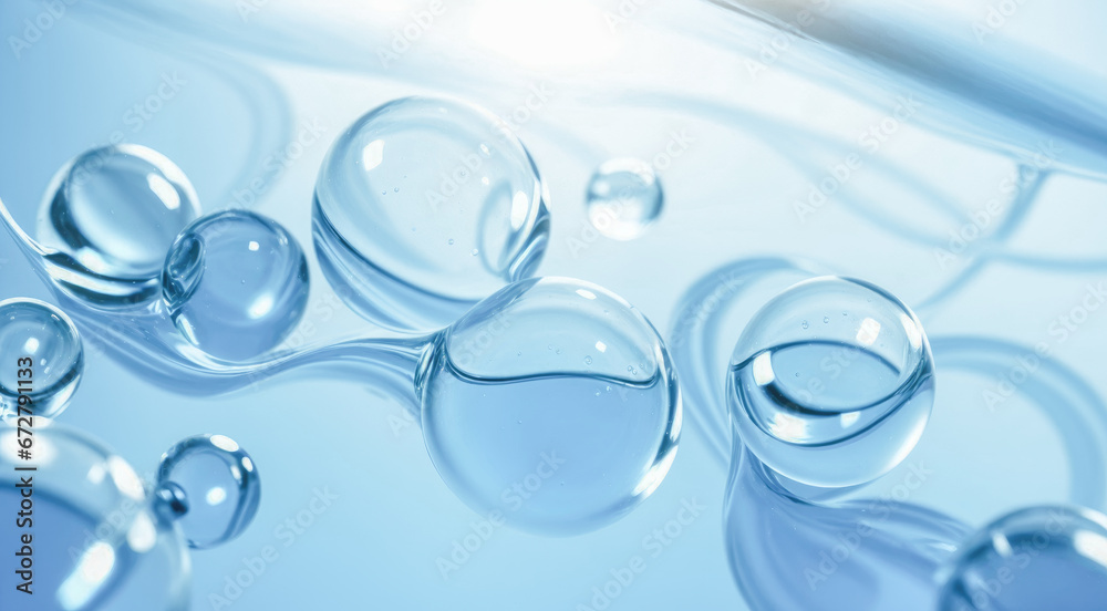 Hyaluronic acid molecules. Hydrated chemicals, molecular structure and blue spherical molecule. Microscope h2o water molecules, blue cosmetic advertising background