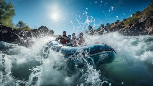 The Shared Thrill of Conquering White Water Rapids. The Dynamic Rush of White Water Rafting. Generative AI
