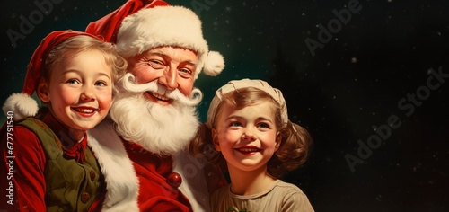 painted vintage style merry christmas card with a happy santa claus surrounded by happy children, 1940 1950 retro Xmas concept