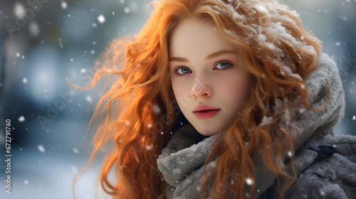 Beautiful girl in winter snowy park 