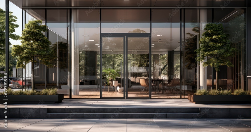 Fototapeta premium Contemporary Welcome. Sleek Glass Door with Warm Side Illumination. Generative AI