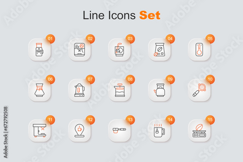 Set line Electronic coffee scales, Cup tea with bag, Coffee filter holder, Location cup, machine, Kettle handle and French press icon. Vector
