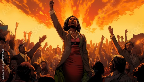 A young dark-skinned woman in a suit with a raised hand surrounded by a crowd of people against a sunset backdrop. Black History Month © volga