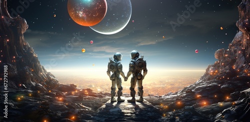 Two astronauts in modern spacesuits standing hand in hand on an alien landscape with a view of mountainous formations and large planets against a starry sky. Valentine's Day concept photo