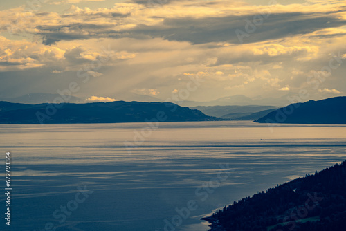 Beautiful view of Trondheim fjord. Sunset over a fjord in Norway.