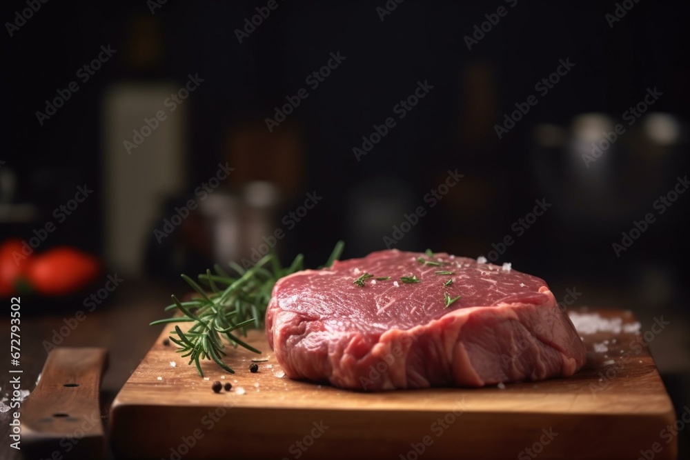 Raw meat steak lying in kitchen. Focused on cooking and gastronomy theme. Generative AI