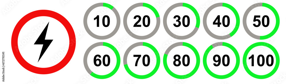 Electricity icon with green and red circle symbols isolated on white background. Pie chart 0-100 icons. vector illustration. Electricity icon with green and red circle symbols isolated on white background. Pie chart 0-100 icons. vector illustration.