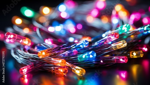 Abstract fiber optic cable wire light with bokeh for technology background and communication