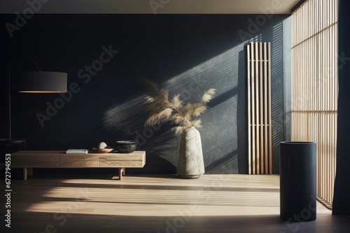 Interior room composition with grey wall panels and minimal decoration photo