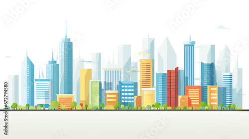 Skyline of a big city filled with skyscrapers. 2D flat image illustration of buildings in various colors.