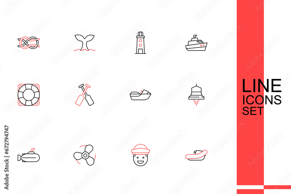Set line Inflatable boat with motor, Sailor, Boat propeller, Submarine, Ship bell, Jet ski, Crossed oars paddles and Lifebuoy icon. Vector Set line Inflatable boat with motor, Sailor, Boat propeller, Submarine, Ship bell, Jet ski, Crossed oars paddles and Lifebuoy icon. Vector
