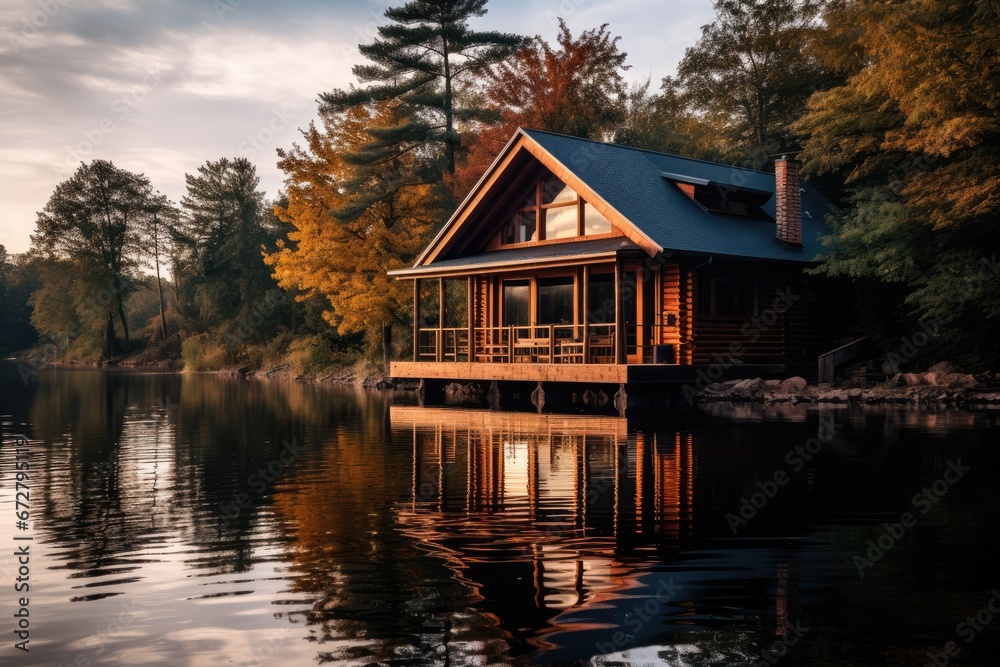 Fototapeta premium A serene scene with a charming house on a river or lake shore, nestled amid lush trees.