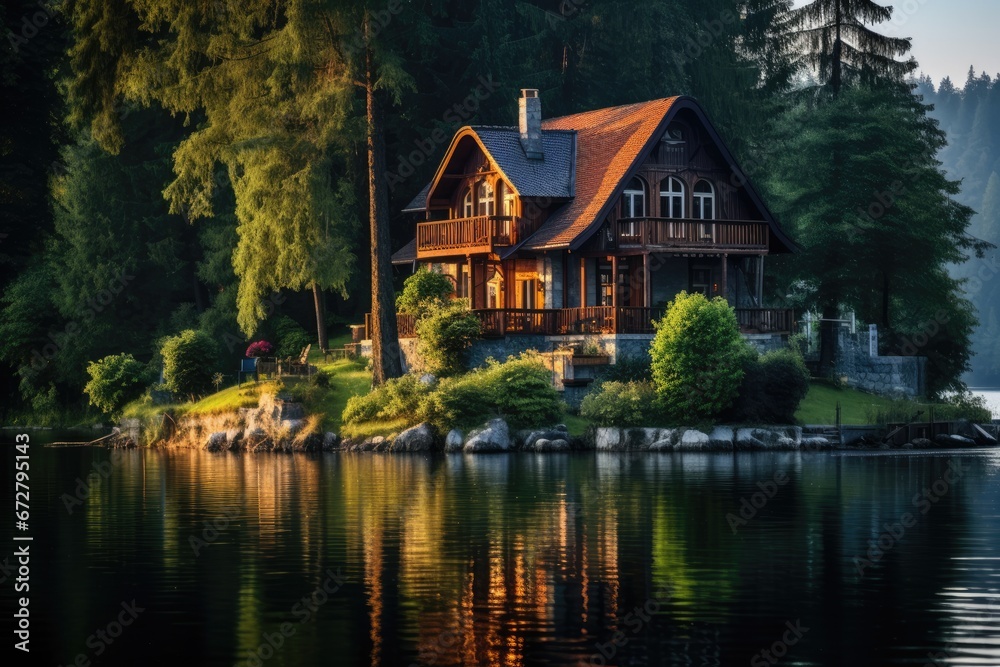A serene scene with a charming house on a river or lake shore, nestled amid lush trees.