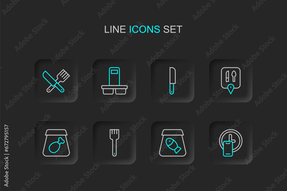 Set line Round the clock delivery, Online ordering fish, Fork, meal, Cafe and restaurant location, Knife, Coffee cup to go and Crossed knife fork icon. Vector Set line Round the clock delivery, Online ordering fish, Fork, meal, Cafe and restaurant location, Knife, Coffee cup to go and Crossed knife fork icon. Vector