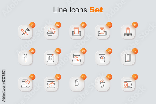 Set line Online ordering food, Ice cream waffle, meal, Food on mobile, Coffee cup to go and fish icon. Vector