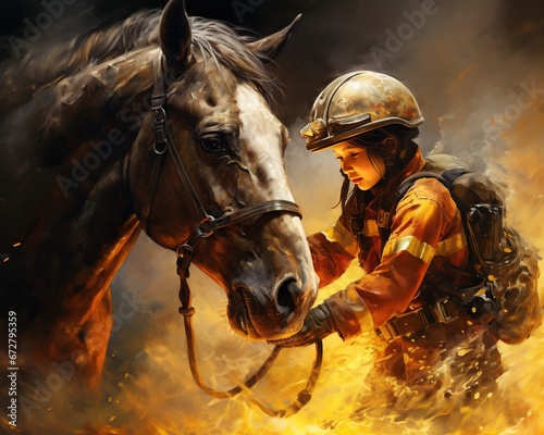 Horse Firefighter rescuing a frightened animal