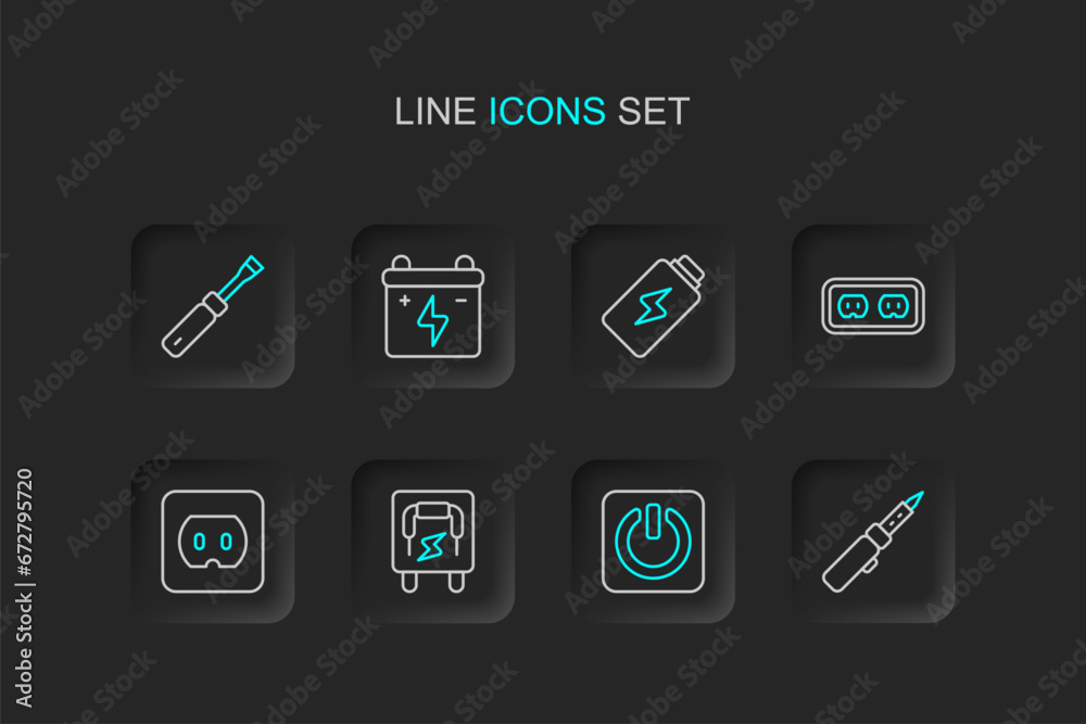 Set line Soldering iron, Power button, Electrical panel, outlet, Battery charge, Car battery and Screwdriver icon. Vector