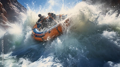 The Exhilarating Team Journey Through White Water Rapids. Generative AI photo