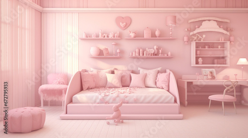 Monochromatic girls room in pastel pink colors. Pink little princess room. generative ai