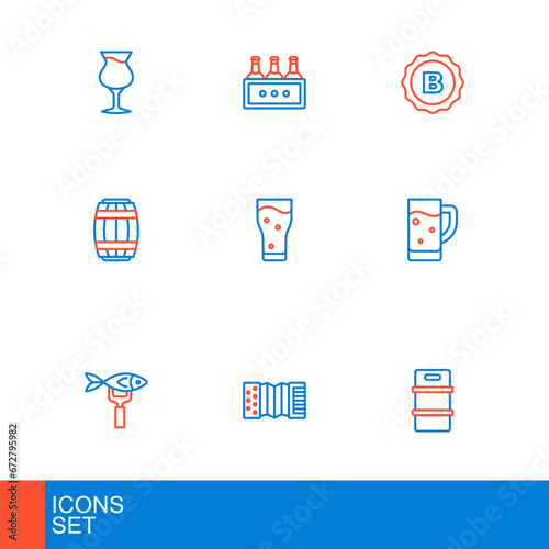 Set line Metal beer keg, Accordion, Dried fish, Glass of, Wooden barrel, Bottle cap and Pack bottles icon. Vector