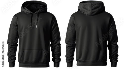 Black Hoodie. Set of Black front and back view tee hoodie hoody sweatshirt on white background cutout. Mockup template